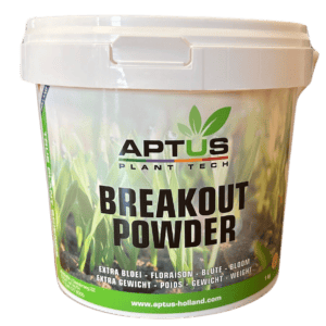 Aptus Breakout Powder, witte kunststofemmer, afbeelding van jonge groene planten, 1 kg, website onderaan etiket.